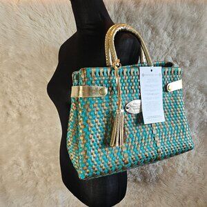 Manos que tejen sueños Blue Handwoven Gold Leather Handle Trim Mexico Handbag
